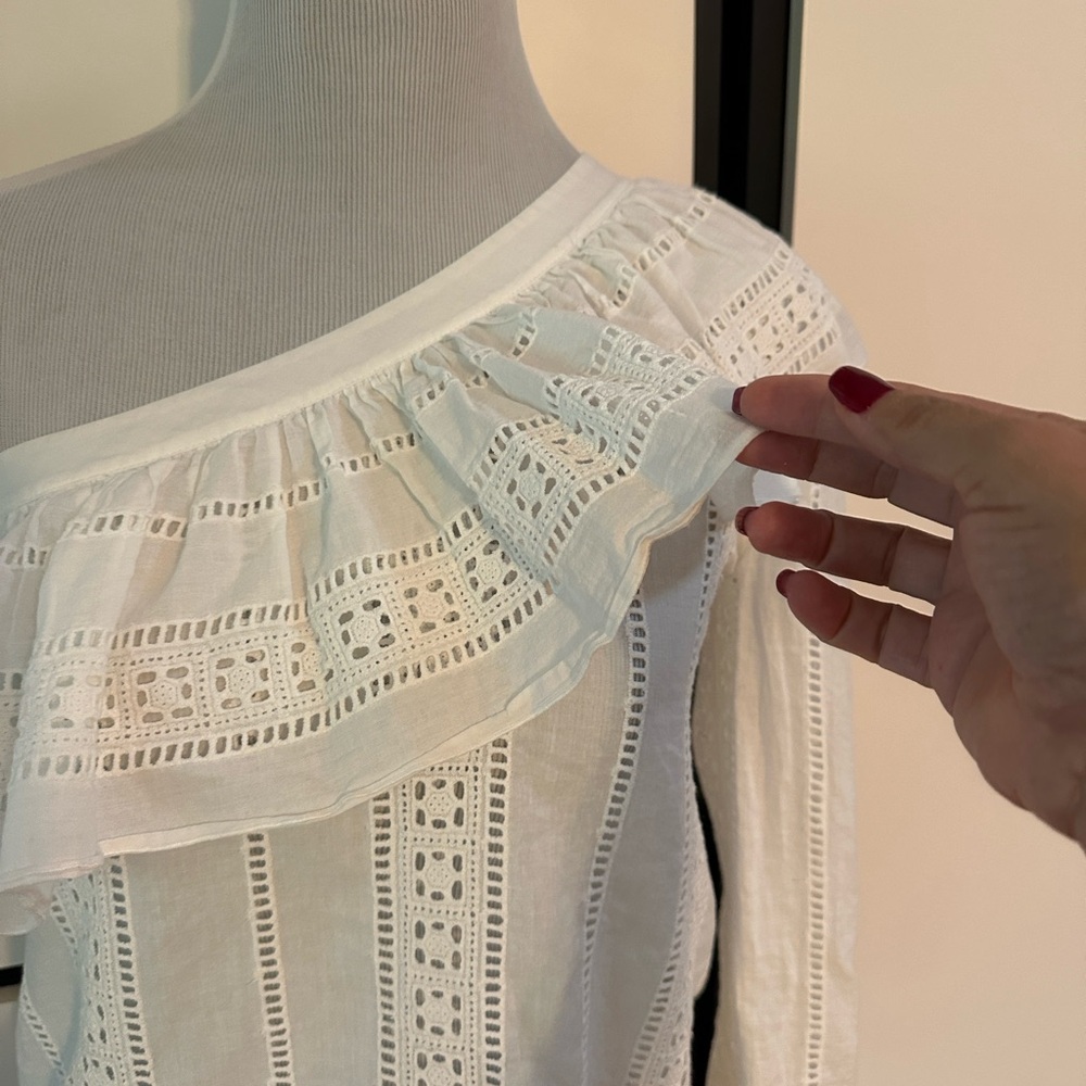 Veronica Beard Cruz Eyelet One Shoulder Top Ruffle White Blouse - Picture 2 of 10